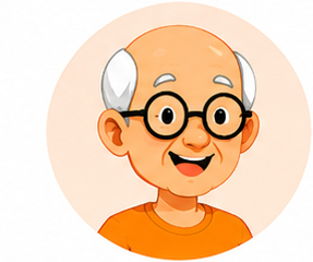 Grandfather avatar, bald, with glasses and orange shirt