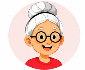 Grandmother avatar with hair bun, glasses and red shirt