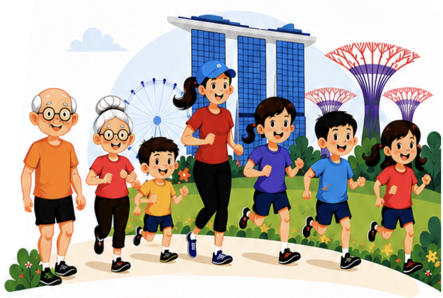 Run for Life illustrated children, families and Singapore landmarks